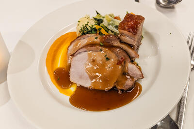 plate of meat on Sea Spirit cruise ship