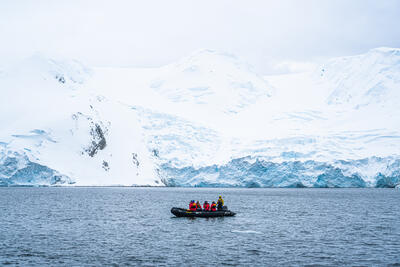 expedition guide driving a zodiac boat in Antarctica