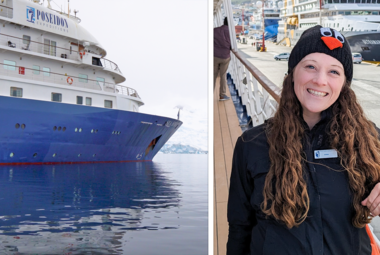 side by side image of an expedition cruise ship and a girl smiling