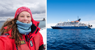 side by side image of a girl taking a selfie and an expedition cruise ship