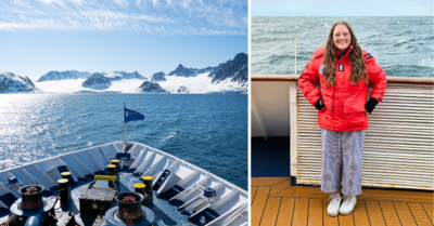 side by side image of Jenna with ship in the Arctic