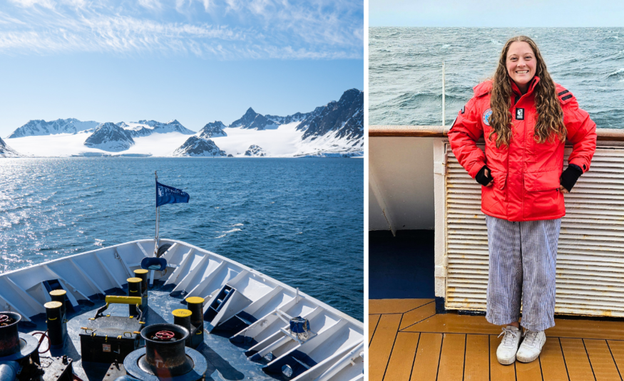 side by side image of Jenna with ship in the Arctic