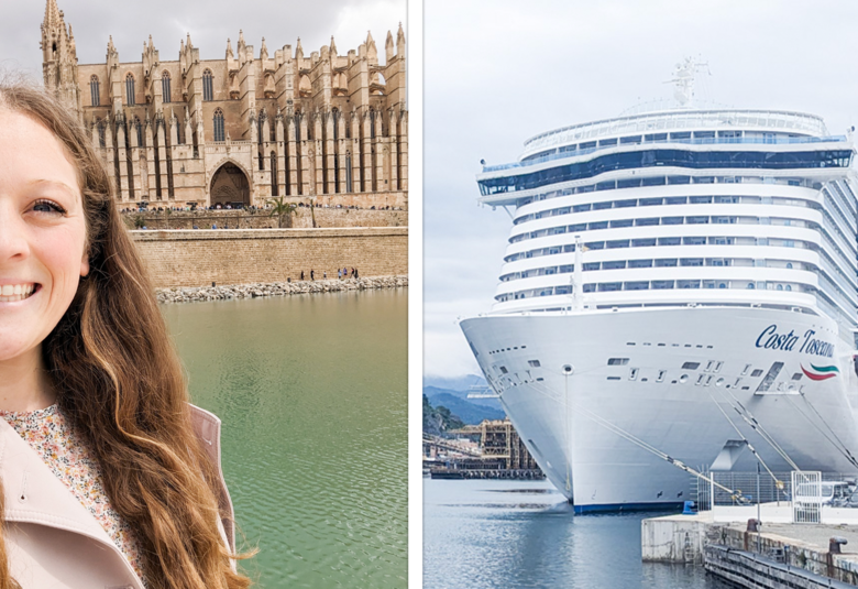 Jenna selfie next to image of Costa Toscana cruise ship